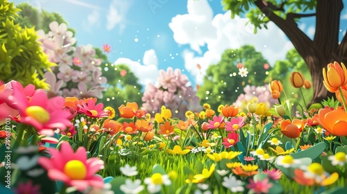 A cute and colorful 3D illustration of a garden full of flowers  AI generated illustration