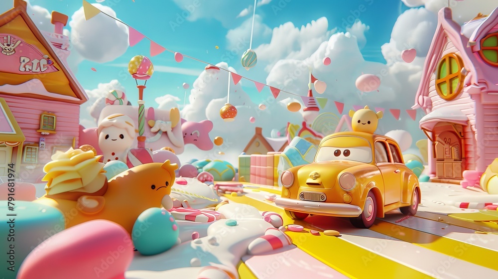 Obraz premium A cute and friendly car character drifting through a whimsical candyland AI generated illustration
