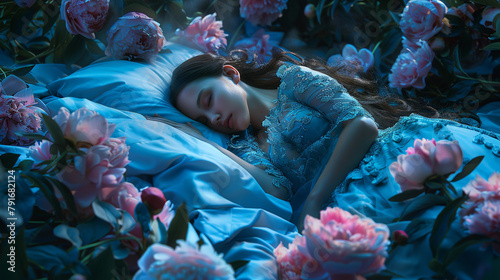 fantasy woman sleeping beauty lies sleep on comfortable bed, mattress, soft pillow. Background mystical garden, night, peonies flowers green trees. Fairy-tale girl princess in blue dress. Sweet.  photo