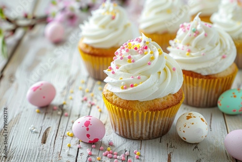 Delicious cupcakes with colorful frosting and sprinkles. Perfect for bakery ads