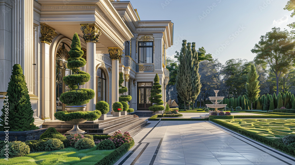 Elegant luxury house exterior with a manicured landscape, leading to an ...