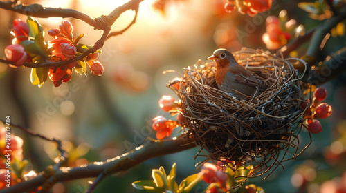 A robin's nest nestled among the branches of a tree, the mother bird feeding her chicks in this heartwarming summer scene