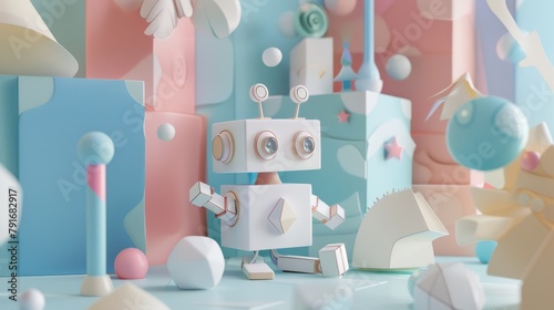 A cute paper robot interacting with abstract shapes in a 3D world  AI generated illustration
