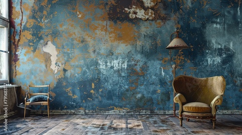 a realm of rustic charm and aged beauty with a grunge blue background, exuding a sense of authenticity and character that is expertly captured by an HD camera photo