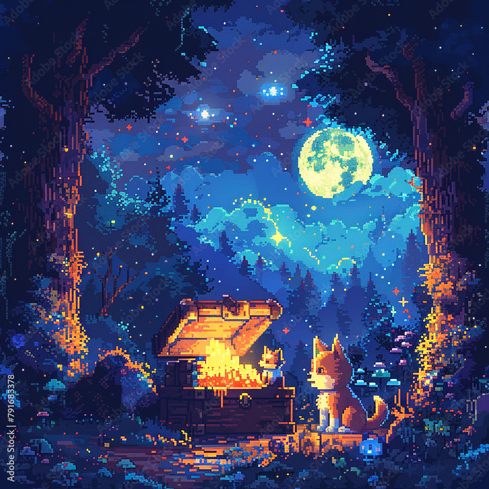 Obraz premium A cat and a dog are sitting by a fire in a forest