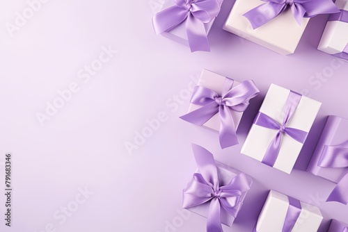 Gift boxes with ribbon on lavender background  flat lay  banner with copy space for photo text or product  blank empty copyspace