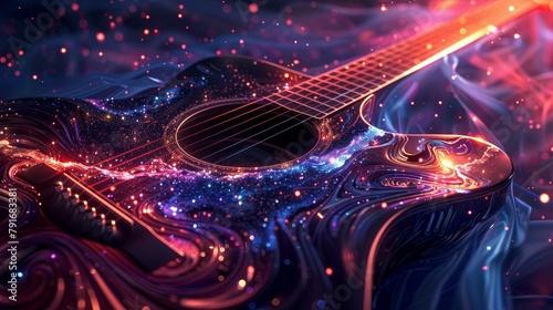 A detailed render of a guitar surrounded by swirling patterns and stars  AI generated illustration photo