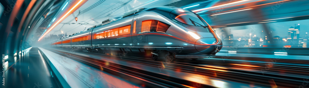 A high-speed train slicing through a futuristic landscape blurring the lines between natural and engineered environments