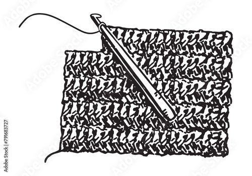 Sketch of crochet hook and bound canvas. Hobby, leisure activity doodle. Outline vector illustration in retro engraving style.