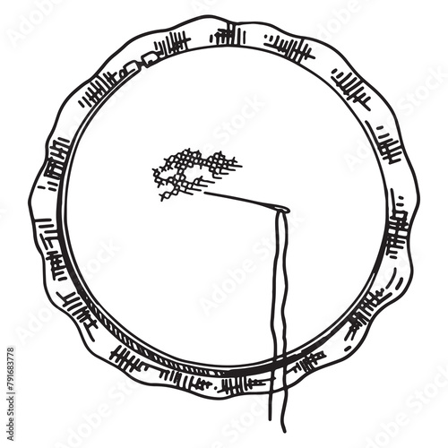 Sketch of embroidery hoop with needle. Tools for sewing work, needlecraft doodle. Outline vector illustration in retro engraving style.