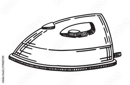 Electric iron sketch. Dressmaker equipment, household device doodle. Outline vector illustration in retro engraving style.