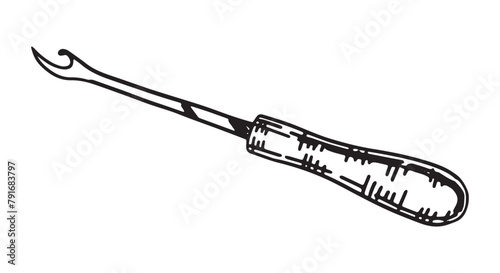 Seam ripper sketch. Tools for sewing work, tailor equipment doodle. Outline vector illustration in retro engraving style.