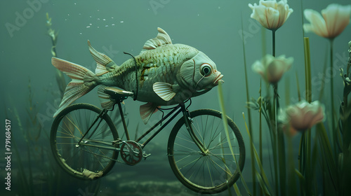 A surreal scene of a fish riding a bicycle underwater, captured with a hidden camera for a whimsical angle.


