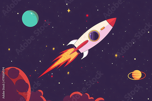 Rocket soaring in space with colorful planets and stars on dark backdrop