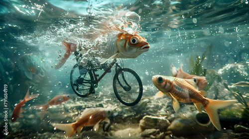 A surreal scene of a fish riding a bicycle underwater, captured with a hidden camera for a whimsical angle.


 photo