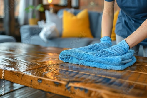 A woman is cleaning a wooden table with a blue cloth. Maid and Housekeeper concept.