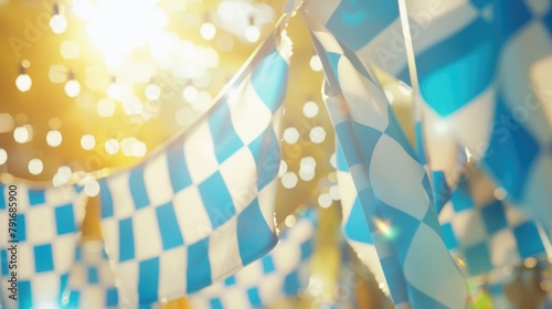 Blue and white checkered flags with a sparkling background