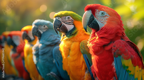 A vibrant array of exotic pet birds, including parrots, parakeets, and macaws, lined up in a row, their colorful plumage shining in