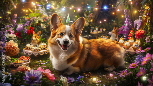 A Pembroke Welsh Corgi in a whimsical garden party, surrounded by fairy lights and small, enchanting treat stations nestled among the flowers, creating a scene of magical delight.