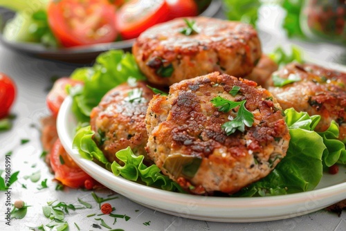Plate of meatballs with lettuce and tomatoes, perfect for food blogs or restaurant menus