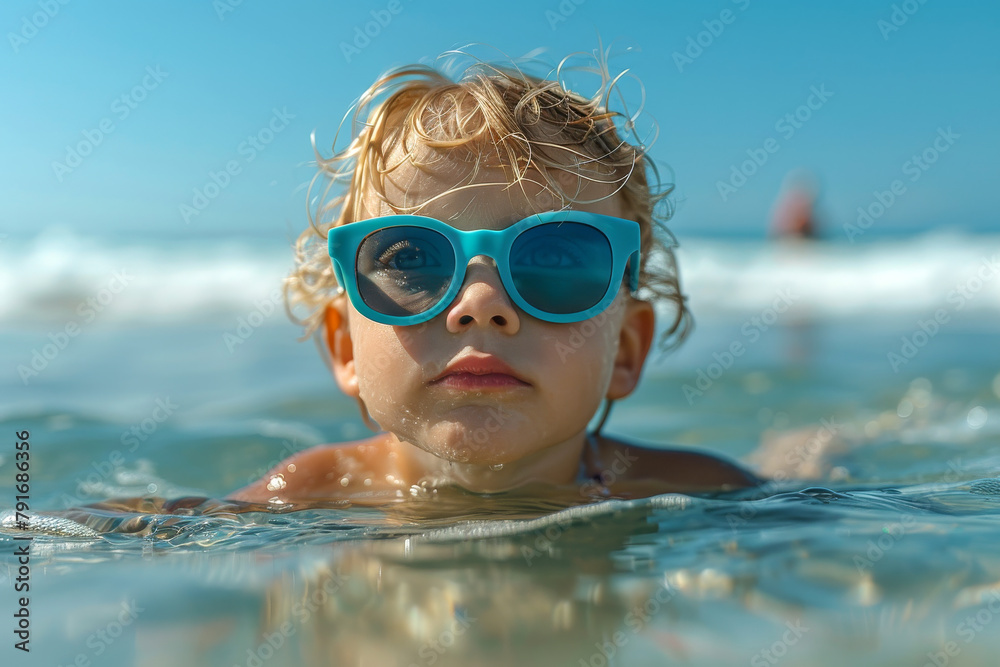 Naklejka premium Kid Having Fun Swimming in Pool