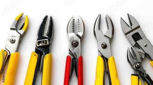 Five pliers lined up on a white surface. Useful for DIY projects
