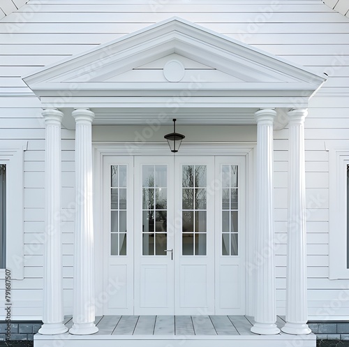 Detached house entrance windshield, white woodencolumned, 250 cm wide, 3 meters entrance, modern country roof, minimalistic, ultra detalied, insane details, soft light, full HD, real photograhy, cin photo