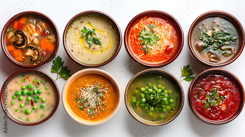 Variety of restaurant hot dishes, healthy food, Japanese miso, asian fish soup, russian borscht, english pea soup, mushroom soup, spanish gazpacho isolated at white, Top view, flat lay