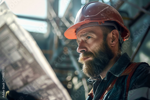 Industrial worker analyzing construction plans