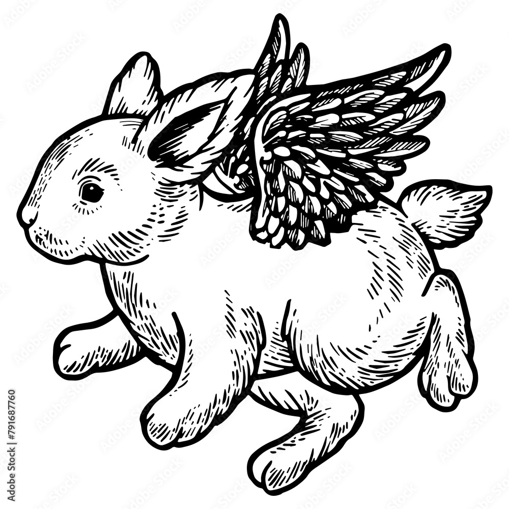 Angel flying baby little rabbit bunny engraving PNG illustration. Scratch board style imitation. Black and white hand drawn image. Angel flying baby little rabbit bunny engraving PNG illustration. Scratch board style imitation. Black and white hand drawn image.