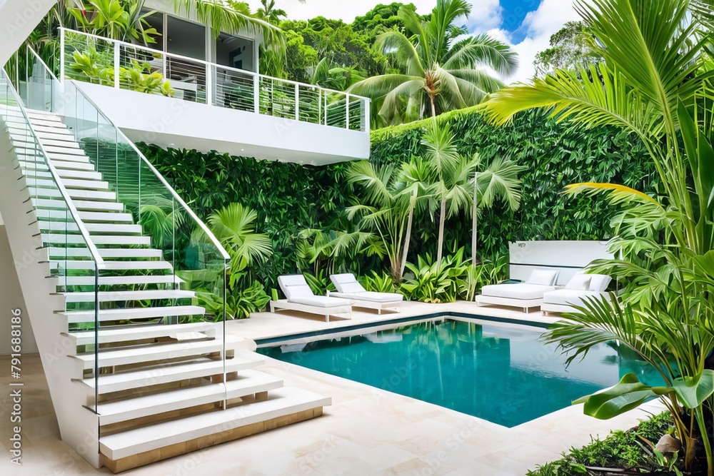 Palm Paradise: Serene poolside ambiance in a tropical villa, with rich green palms and a modern white staircase backdrop.