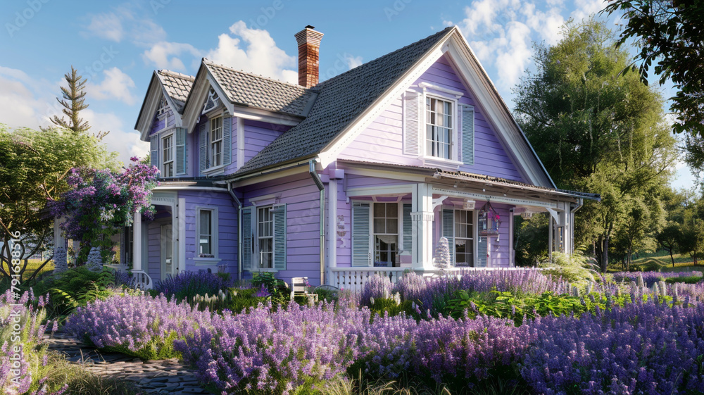A blissful lavender house adorned with traditional windows and shutters radiates freshness against the backdrop of the sunny suburban setting, surrounded by nature's beauty.