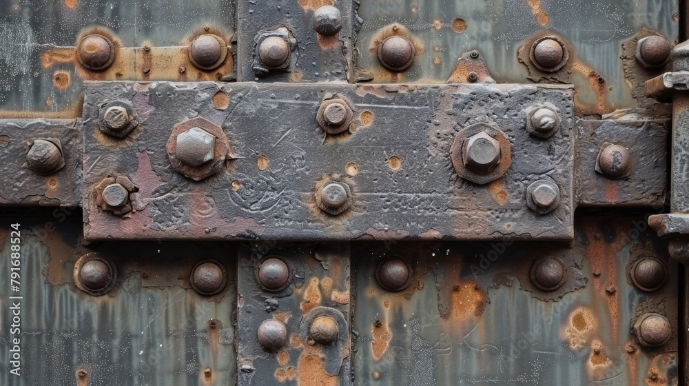 A close up of a metal door with rivets and bolts, AI