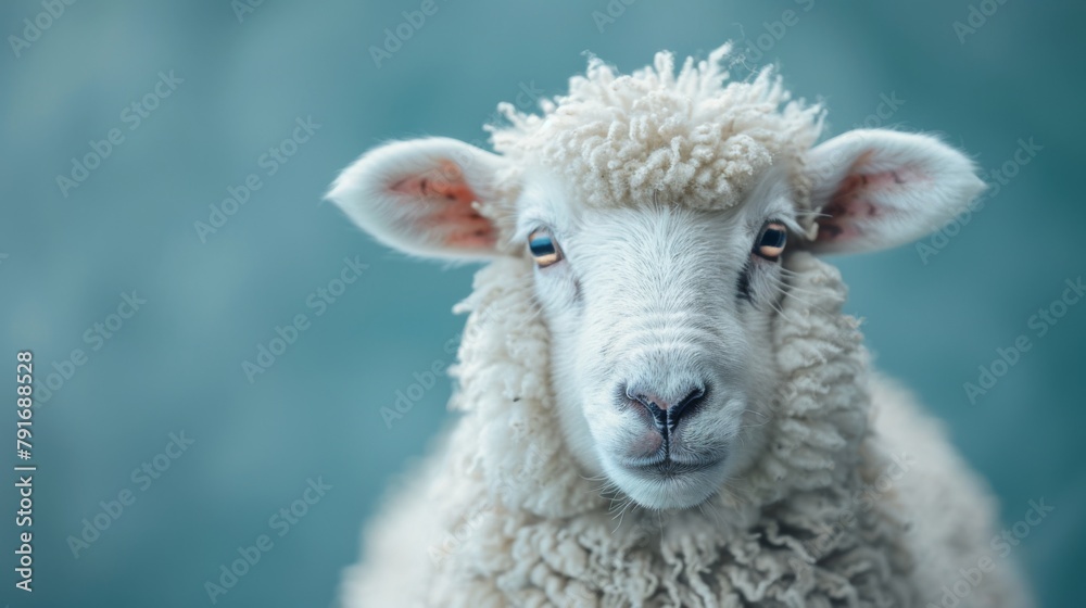 Sheep with fluffy wool on a soothing pastel blue background