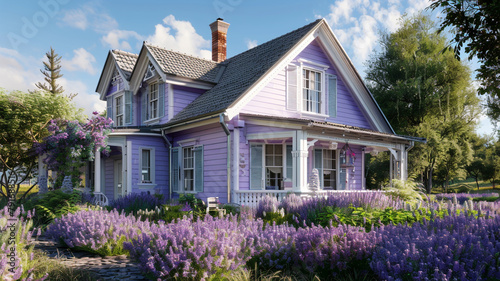 A blissful lavender house adorned with traditional windows and shutters radiates freshness against the backdrop of the sunny suburban setting, surrounded by nature's beauty.