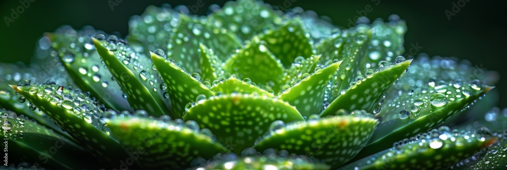 Drops of water flicker on a bright green aloe leaf Drops of water flicker on a bright green aloe leaf