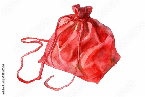Vibrant watercolor painting of a red drawstring bag. Perfect for fashion or travel themes