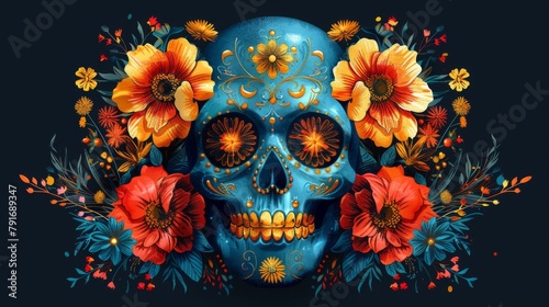 Day of the dead sugar skull decorated with floral ornament, on a black background
