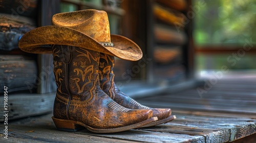 Vintage cowboy hat and a pair of worn leather boots standing on a wooden floor