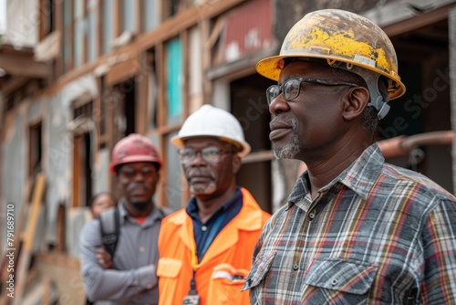 Group of construction workers wearing hard hats focused on discussing a blueprint outdoors