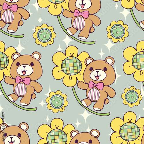 Seamless pattern of the cutest little bear and the big flower. This illustration is cute and sweet. Pattern for fabric and wrapping paper, Pattern for design wallpaper and fashion prints.