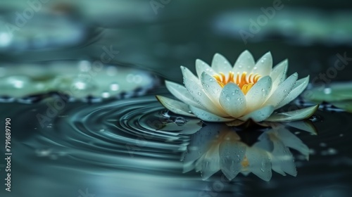 White lotus flower floating on the calm surface of a pond © AlfaSmart