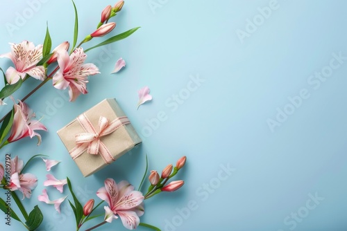 Gift box tied with a pink ribbon surrounded by pink flowers. Perfect for special occasions photo