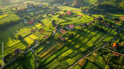 Bright green agricultural fields surrounding a charming European village