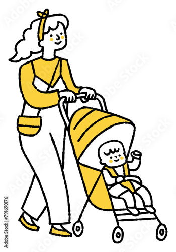 Mother strolling while pushing a stroller_Color