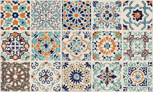 Majolica azulejos tiles patchwork wallpaper vector seamless pattern for fabric placemat rug carpet pillow tablecloth grunge effect in separate layer