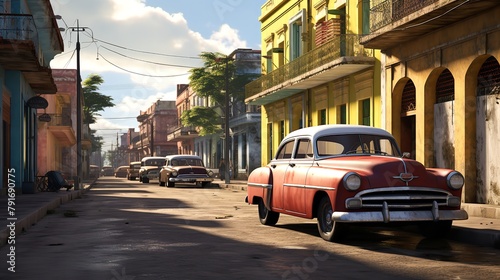 Vintage Cars Parked in an Old-Fashioned Street in Cuba   © Waqas