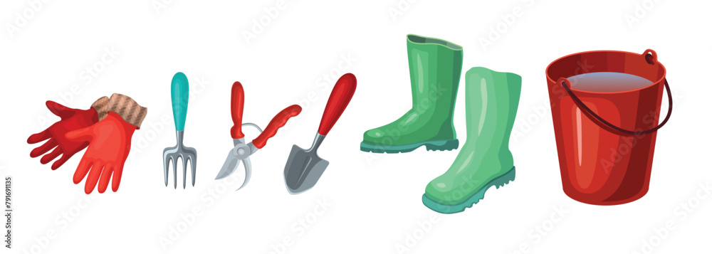 Obraz premium A set of gardening items. Gloves, boots, shovel, garden fork, pruner, bucket of water. Garden tools. Collection of garden tools and plants. Gardening or horticulture concept.