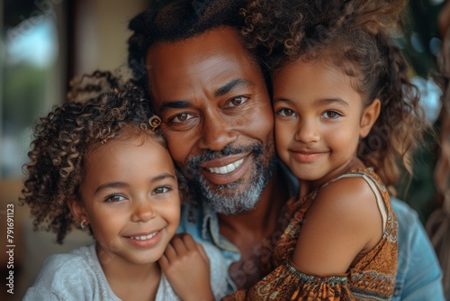 Cheerful father with his two pleasant young daughters smiling together, showing a loving family bond