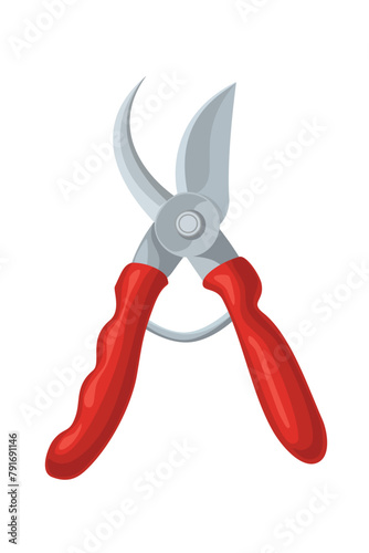Pruner with open steel blades and red handles. Garden tools. A tool for pruning plants, branches, and flowers. Vector illustration